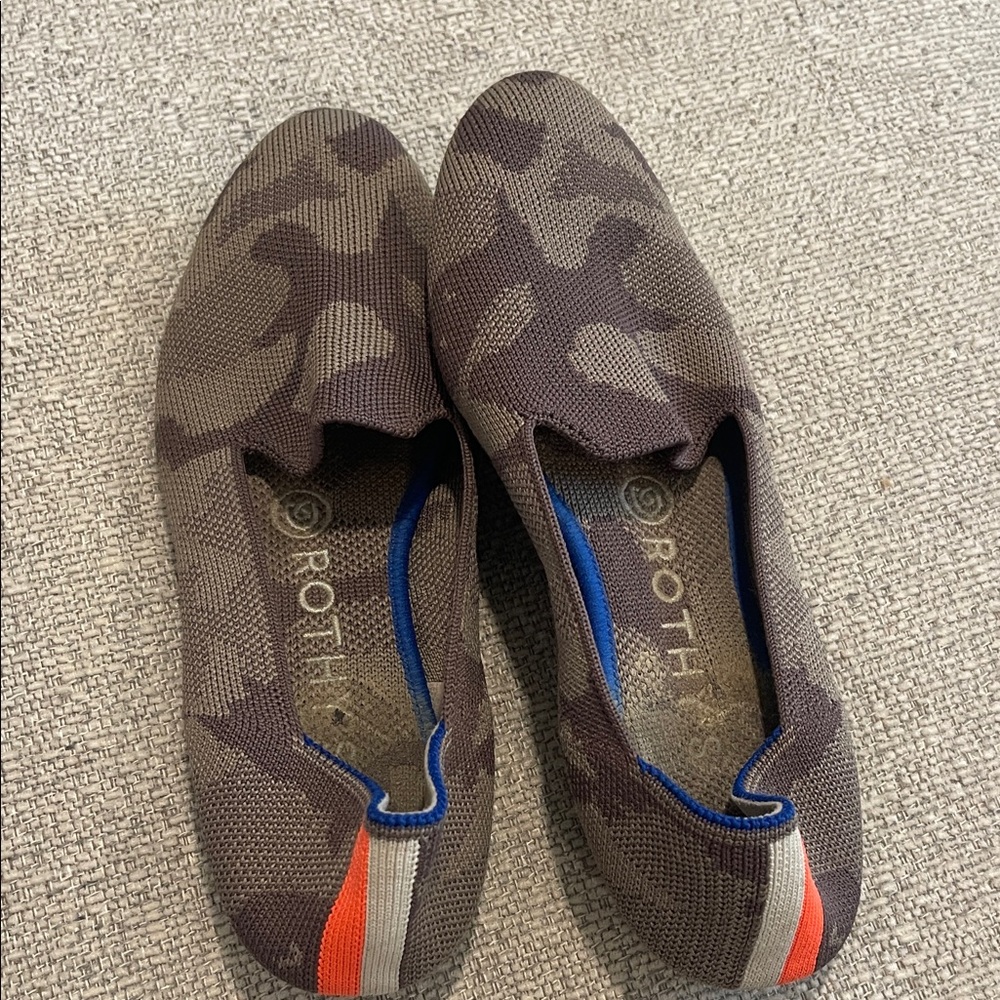 Rothy's Brown/Gray Camo Slip-On Loafers with Orange Heel Accent